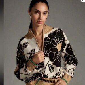 Anthropologie Maeve Black and Cream Floral Sweater